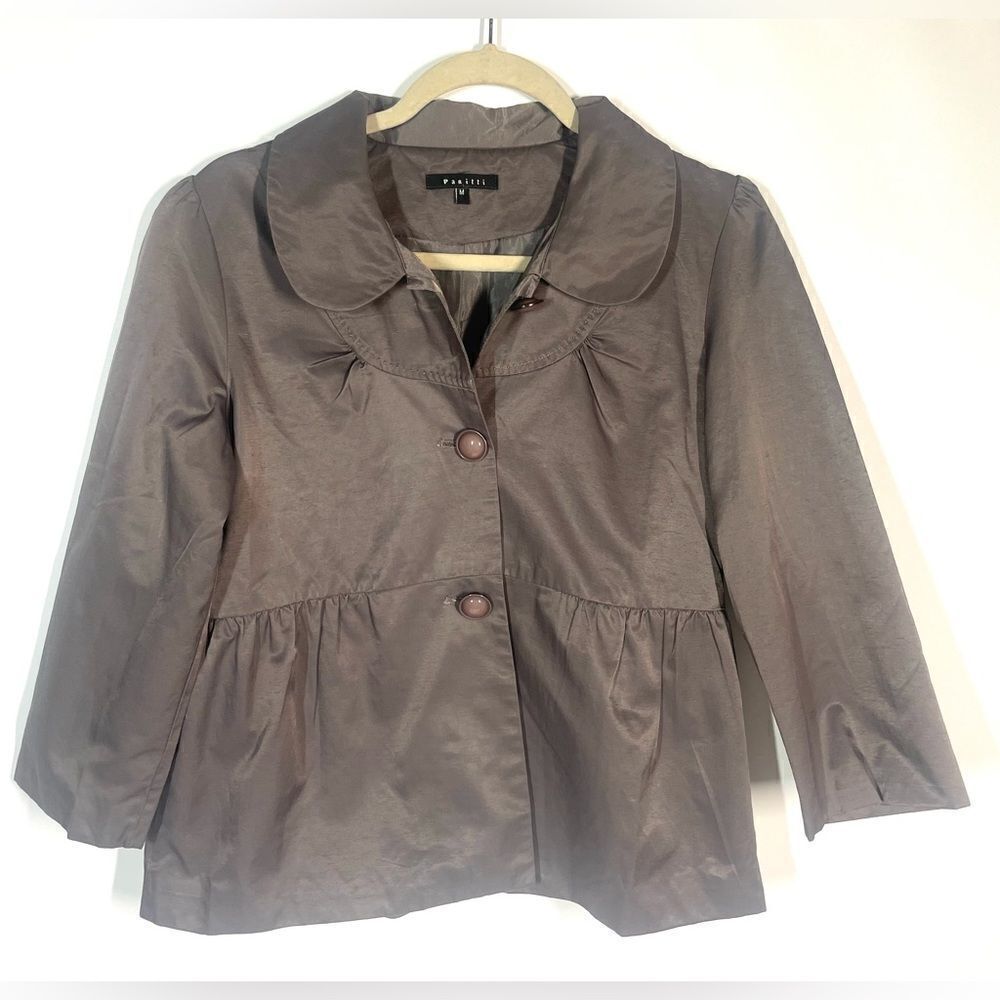 Panitti Shiny Gray Button Down Peplum Blouse Top Shirt  ~ Women M